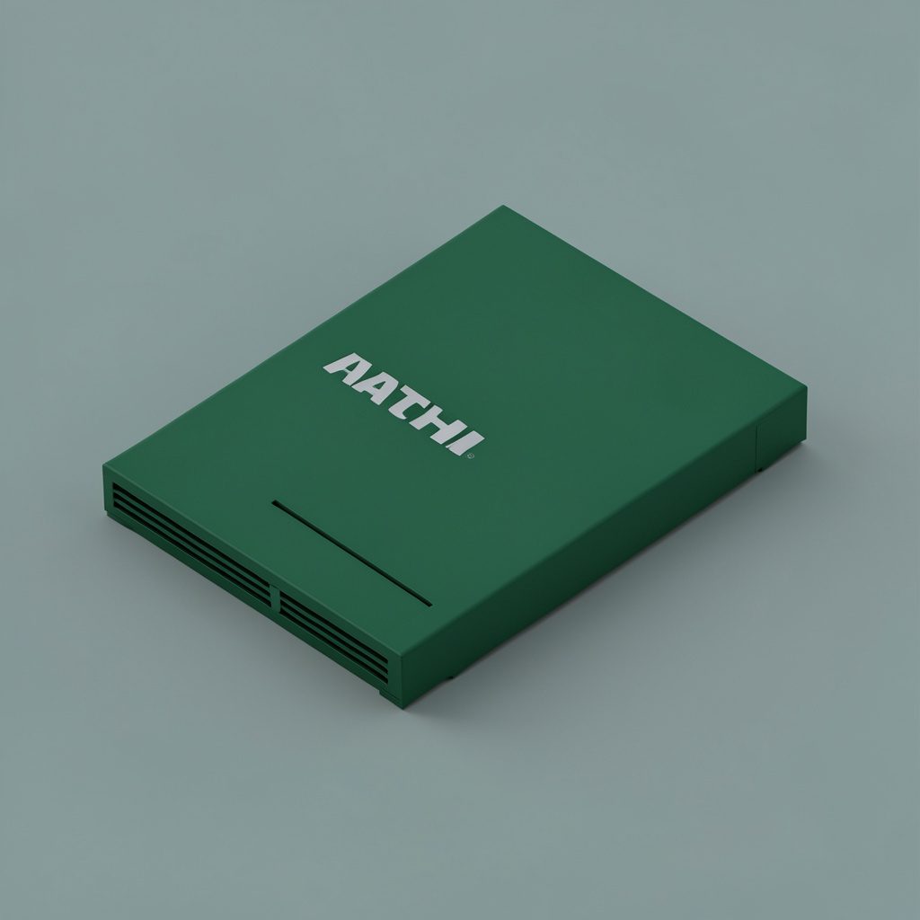 Isometric render of a compact medical device unit in green and white tones, resting on a clean flat surface with a calm, orderly mood