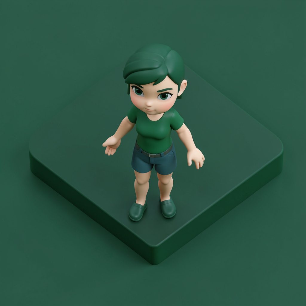 Isometric 3D render of an OrbitDirect branded figure in forest green and white