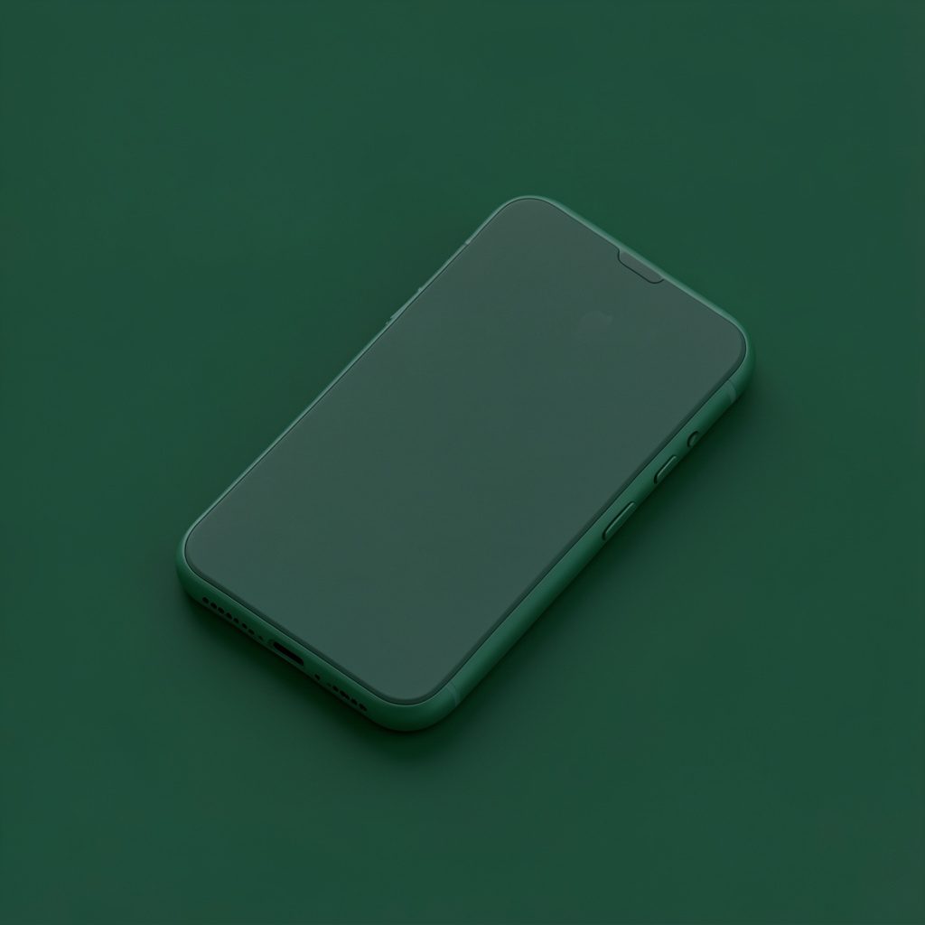 Isometric 3D render of a smartphone in muted dark green and white tones
